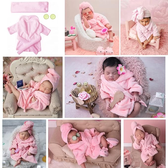 M&G House Newborn Photography Props Bathrobe Outfits Girl Baby Robe Bath Towel Costume Sets 0-6 Months(Pink)