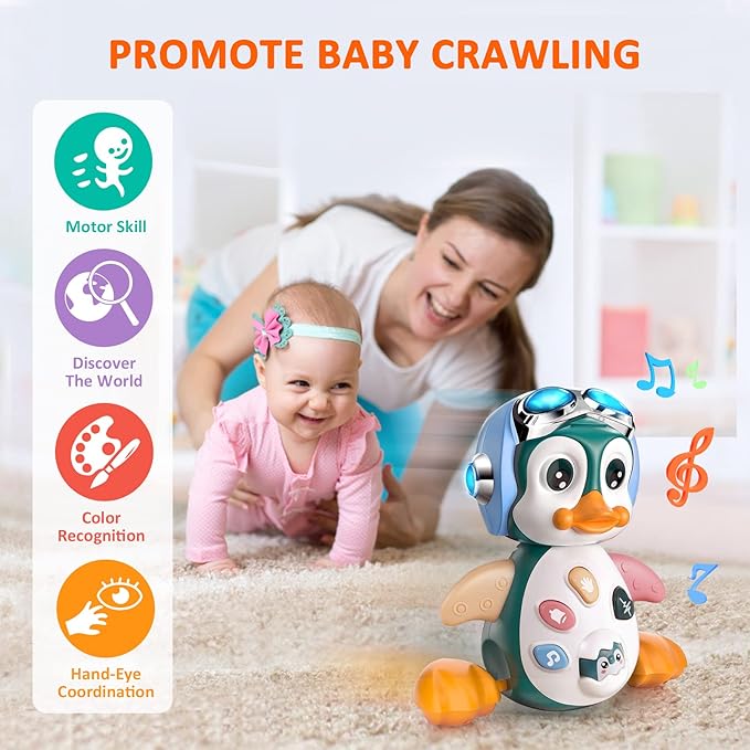MOONTOY Musical Penguin Crawly Baby Toys 0-3-6 6-12 Month, Infant Light Up Tummy Time Dancing Moving Walking Crawling Toys, Baby Easter Basket Stuffers Gifts 3 4 5 6 7 8 9 10 Month 1 Year Old Boy Girl