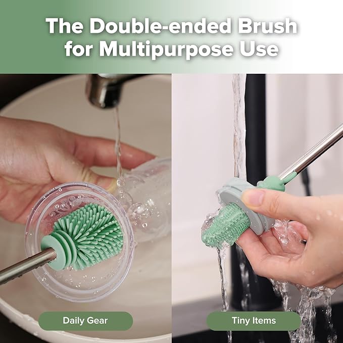 haakaa Cleaning Brush Silicone Bottle Brush Double-Ended Soft Silicone Bristles for Breast Pumps, Breast Milk Collectors, Baby Bottles, Teats, Breastmilk Storage Bags, Detachable - Pea Green-1pk