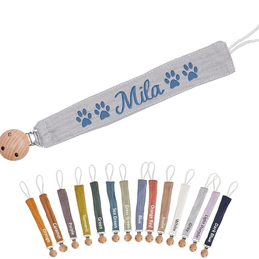 Custom Boho Pacifier Clip Holder with Embroidered Name – A Perfect Personalized Baby Baptism Gifts in Eco-Friendly Bamboo! (Gray)