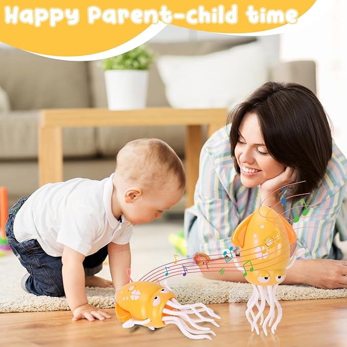 Dancing Octopus Baby Toy, Tummy Time Toys, with Music and Led Light, Automatically Avoids Obstacles, Crawling Toy Suitable for Birthday Gifts for Toddlers Over One Month Old(Yellow)