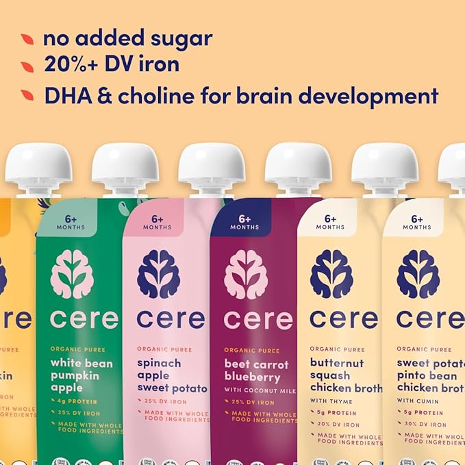Cerebelly Organic Baby Food Pouches – Organic Veggie and Bone Broth Baby Food | 16 Nutrients, No Added Sugar, Non-GMO | Blended Toddler Food | 4 Ounce BPA-Free Baby Foodes | 6 Flavors | 8 Pack