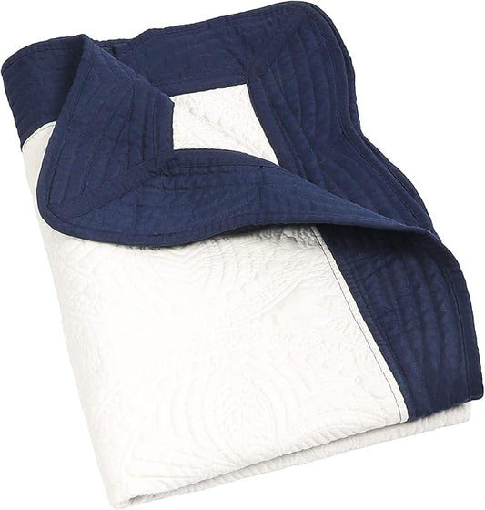 MONOBLANKS Baby Quilt Personlized Monogram Lightweight Embossed Scalloped Throw Blanket Four Seasons (White-Navy Trim)