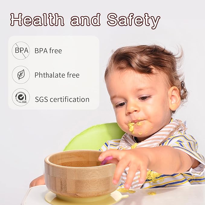 Baby Bamboo Bowls with Suction and Matching Spoon Set,2PC Feeding Supplies Set for Infant, Toddlers,Detachable Silicone Suction Stay Put Base for Wooden Bowl （Pink）