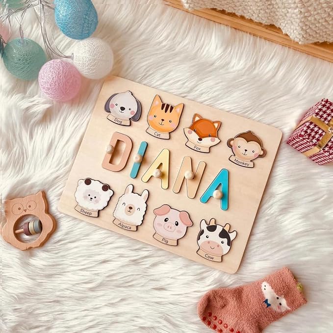 Name Puzzle for Kids Personalized, First Birthday for Baby Boy Girl, Wooden Animal Puzzles for Toddlers 1-3, Educational Toys for 1 Year Old