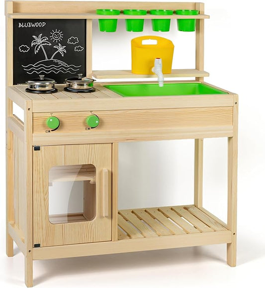 BlueWood Mud Kitchen for Kids Outdoor, Wooden Play Kitchen Set with Sink, Stove, Chalkboard, Montessori Toddler Outdoor Kitchen Playset for Backyard Fun