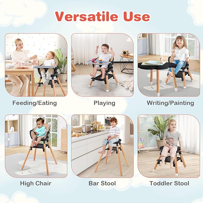 HONEY JOY Baby High Chair, 6 in 1 Convertible Wooden Highchair for Babies and Toddlers/Chair/Bar Stool, Removable Double Tray & Reversible Footrest, Safety Harness for Infant Boys Girls (Coffee)