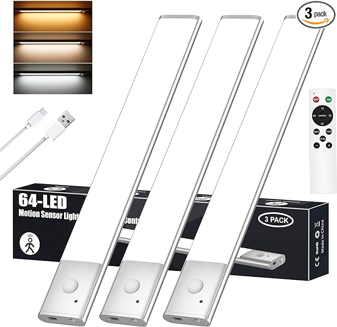 Diomart 3 Pack Under Cabinet Lights Wireless, 64 LEDs Dimmable Motion Sensor Closet Lights with Remote, Rechargeable Under Counter Lights for Kitchen, Wardrobe, Hallway, Stairs, 3 Color Temperatures