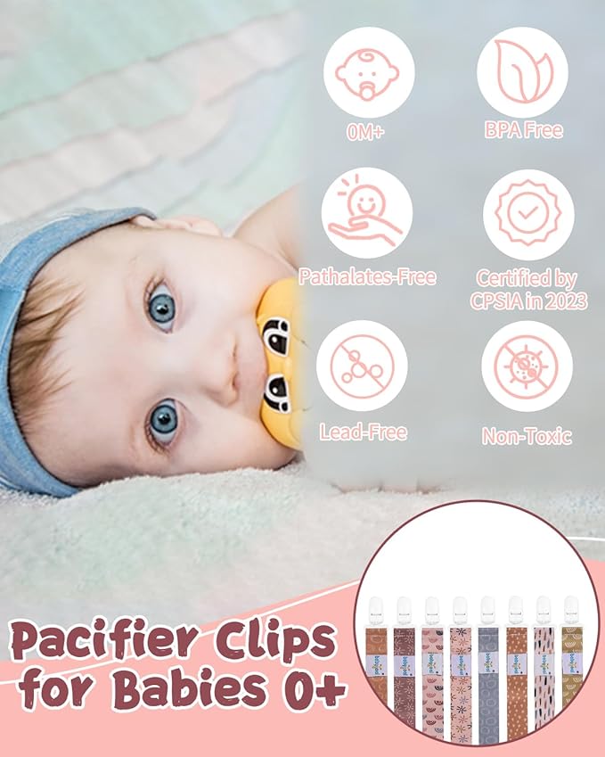 Babygoal Pacifier Clips 8 Pack, Pacifier Holder Clips for Baby Boys and Girls Fits for Most Pacifier, Binkie Styles & Baby Teethers & Toys and Gift-Neutral Color 8PB25