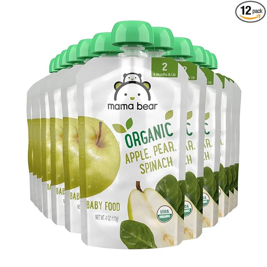 Amazon Brand - Mama Bear Organic Baby Food, Stage 2, Apple, Pear, Spinach, 4 ounce (Pack of 12)