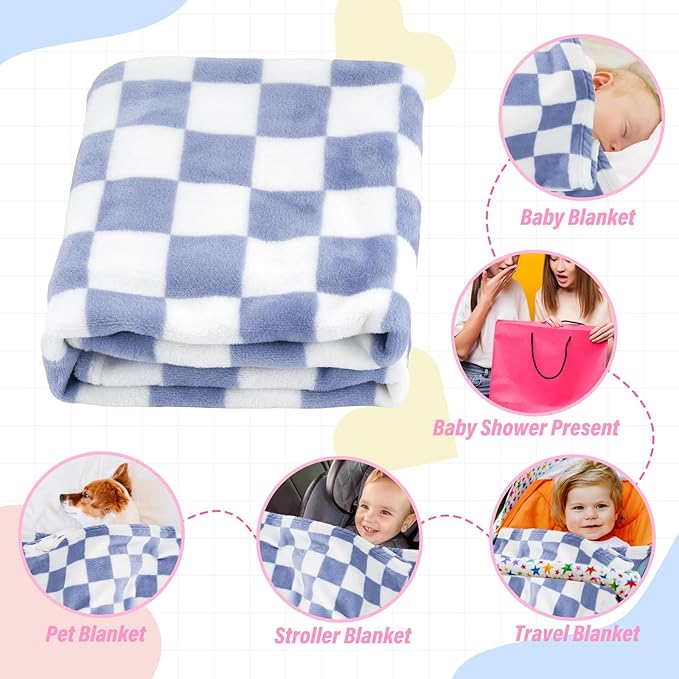 Plush Checkered Baby Blanket for Boys Girls Nursery, 30"*41" Warm Short Fleece Blanket Neutral for Infant Newborn, Small Fuzzy for Sleeping, Chenille or Stroller (Dark Blue&White)