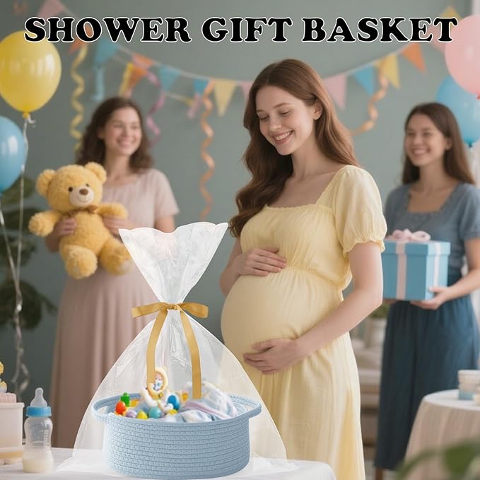Gift Basket with Gift Bag and Ribbons,Small Rope Woven Shelf Storage,Baskets for Gifts Empty,Birthday,Shower,Decorative Organizer Box for Cat Dog Pet with Handles(Blue)