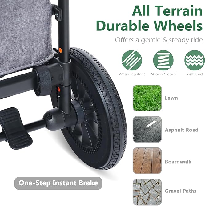 Kinder King Folding Wagon Stroller for 2 Kids, All-Terrain Baby Stroller Wagon Outdoor, Removable Canopy 2 Seater, Adjustable Handle, Shock-Absorbing Wheel, Detachable Tray, Parent Organizer, Gray