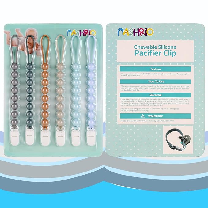 6-Pack Silicone Pacifier Clips for Baby Boys and Girls - One-Piece Beads, Rust-Free Holders, Teething Relief, Baby Necessities, Newborn Safe Baby Essentials