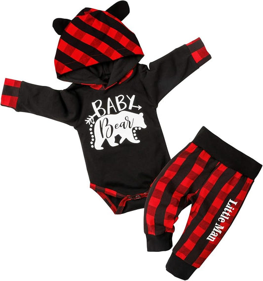 Fommy Newborn Baby Boy Clothes Plaid Letter Print Long Sleeve Hoodies + Long Pants 2PCS Fall Winter Outfits Set