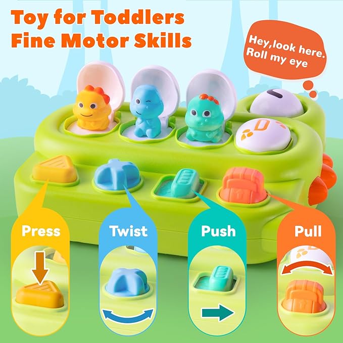 Cause and Effect Pop Up Dinosaur Baby Toy 6-12 Months, Sensory Early Learning Fine Motor Skills Toy for Toddler Boy Girl 9 11 Months