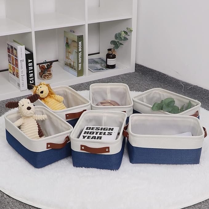 HNZIGE Small Baskets for Storage(6 Pack) Fabric Storage Baskets for Shelves, Foldable Storage Basket for Organizing Closets, Nursery, Baskets for Gifts Empty (White&Blue, 11.8" x 7.8" x 5.1")
