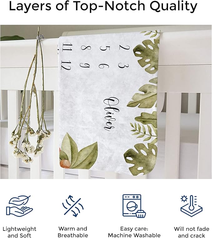 MDPrints Global Personalized Twin Milestone Blanket, Custom Monthly Baby Blankets with Name for Boys and Girls, 30x40 & 50x60inch Soft Plush Fleece (Safari 541)