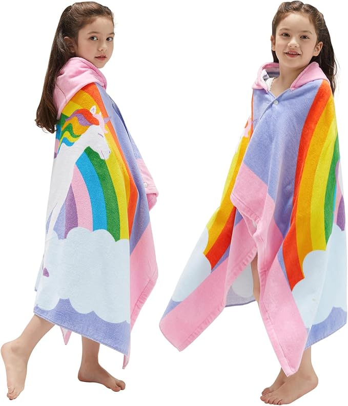 BANGSAUR Kids Hooded Beach Towels, 100% Cotton 50x30 inches Bath Pool Swiming Towel Wrap, Toddlers Girls 3-12 Years Coverup Rainbow Unicorn N