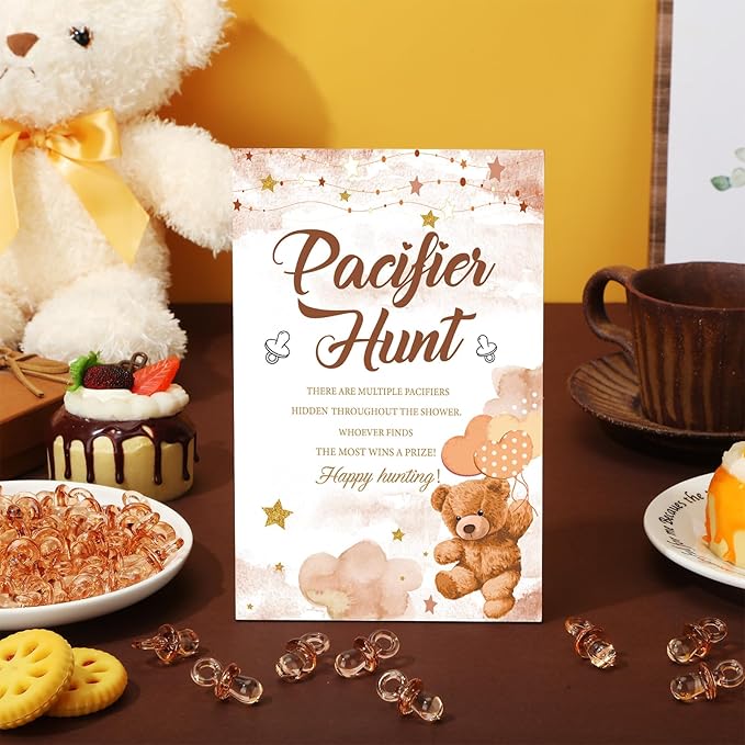 Thyle 51 Pcs Pacifier Hunt Baby Shower Games Include Hunt Sign and 50 Acrylic Pacifiers for Baby Shower Game Decoration Gift Sets Gender Reveal Party Decor(Brown Bear)