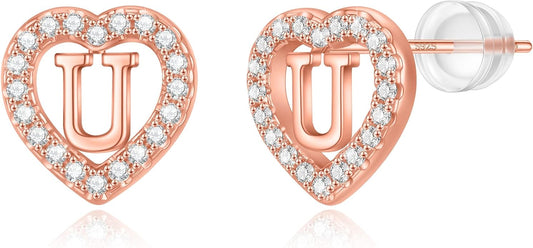Initial Heart Earrings for Girls, Sterling Silver Post Silver/Rose Gold Heart Initial Stud Earrings for Little Girls Kids Baby Earrings Non Tarnish Hypoallergenic Earrings for Teen Girls Gifts Jewelry