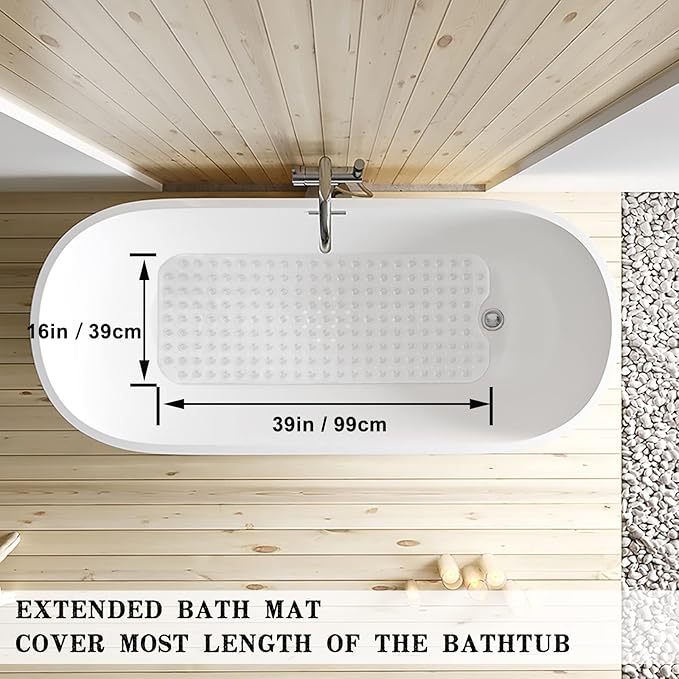 Linoows Bathtub and Shower Mats, Extra Long Non-Slip Bath Tub Mat 39 x 16 Inch, Machine Washable Bathmat with Suction Cups & Drain Holes for Bathroom Floor, Clear