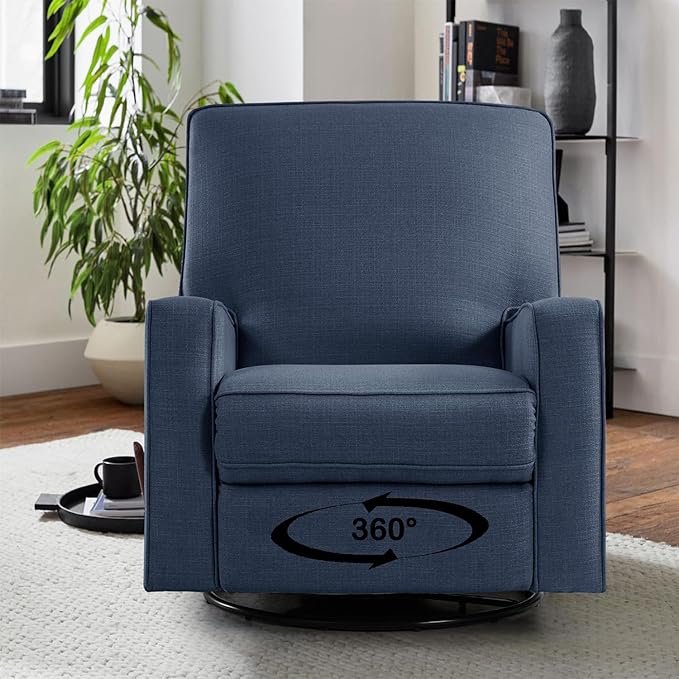 Harkawon Swivel Rocker Recliner Chair, Glider Rocker Recliner, Rocking Chairs Nursery, Fabric Chair with High Back, Deep Seat, for Living Room, Bedroom, Blue+Brown