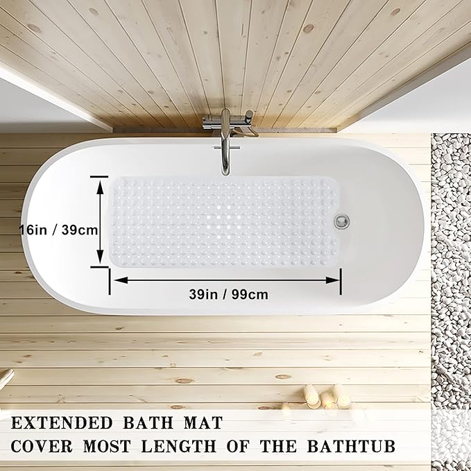 Linoows Bathtub and Shower Mats, Extra Long Non-Slip Bath Tub Mat 39 x 16 Inch, Machine Washable Bathmat with Suction Cups & Drain Holes for Bathroom Floor, White