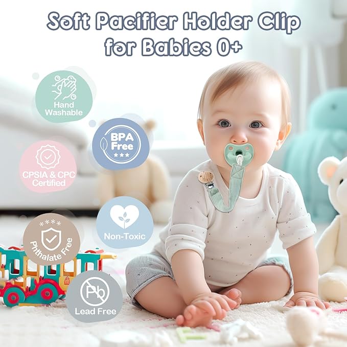 TYRY.HU Ribbon Pacifier Clip Holder,2 Pack Binky Paci Holder Clips, Pacifier Leash for Baby Boys and Girls, Soft Webbing Strap Universal Fits for Most Pacifier, Styles & Teethers Toys(Blue,Green)