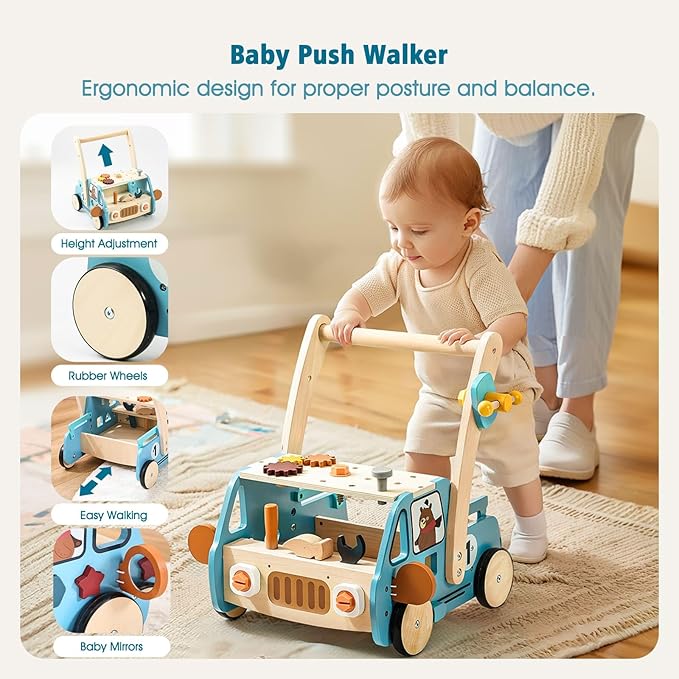 IEATFO Wooden Baby Walker Adjustable Height with Tool Bench and Toy Storage Wagon - Multifunctional Toddler Push Walker Ergonomically Designed for Natural Walking - 3+ Years of Continuous Use