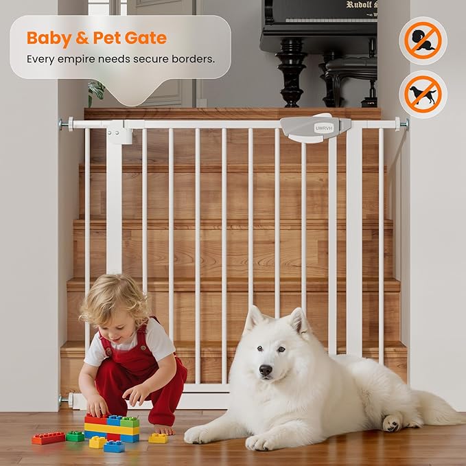Auto-Close Baby Gate for Stairs & Doorways Dog Gate - Adjustable Steel Safety Gate with Dual Lock, Fits 29"-33" Wide, Pressure Mount No Drilling (White, 30-33" W x 30" H)