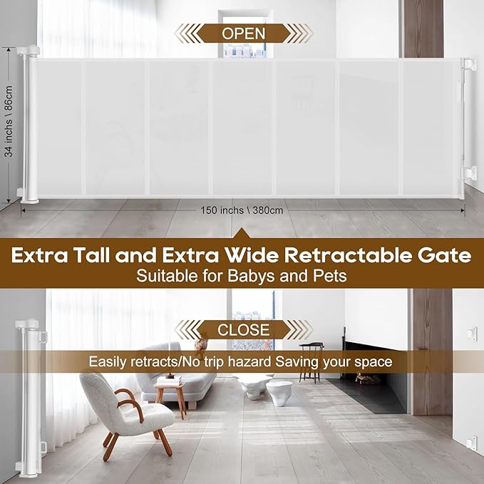 Upgraded 150 inch Retractable Baby Gates Extra Wide with Reinforced Strip Design to Prevent Crawling Through, 34" Tall, 12 FT Wide Retractable Dog Gate, Retractable Gate for Indoor/Outdoor