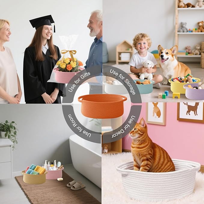 Gift Basket with Gift Bag and Ribbons,Small Rope Woven Shelf Storage,Baskets for Gifts Empty,Birthday,Shower,Decorative Organizer Box for Cat Dog Pet with Handles(Orange)