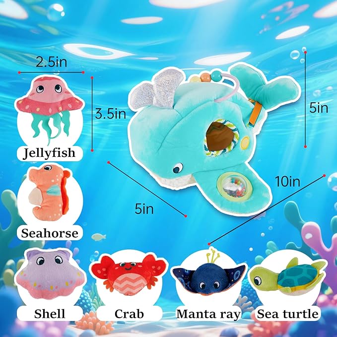 Soft Rattle Montessori Baby Toys 6-12 Months, Soft Barn Ocean Playhouse with 6 Stuffed Animals, Sensory Development Activity, Toddler Learning Toys (Ocean Whale)
