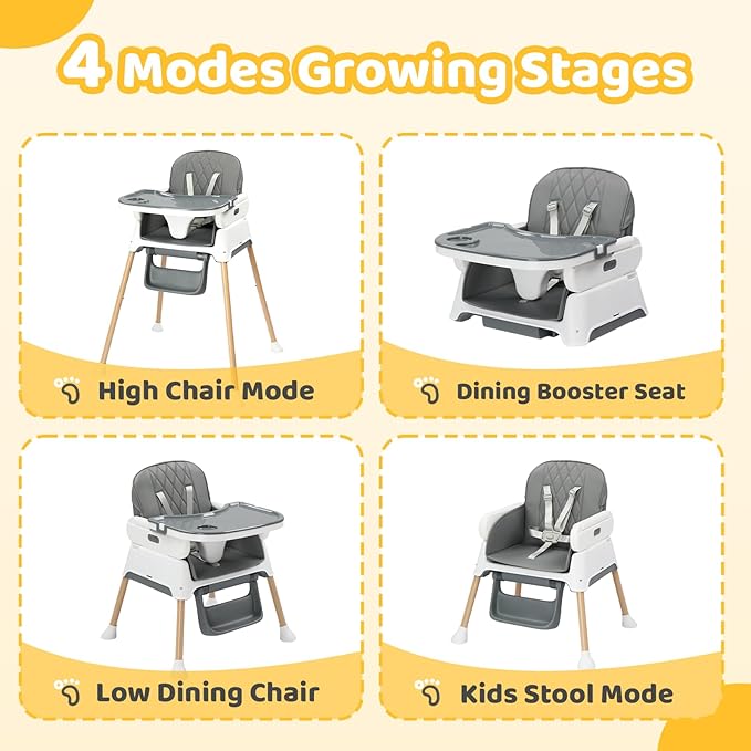 JOYMOR 5 in 1 Baby High Chair for Babies and Toddlers, Portable Highchair Fold Compact, ConvertibleBaby Feeding Chair Booster for Eating with Detachable Double Tray, 5 Point Harness (Gray)