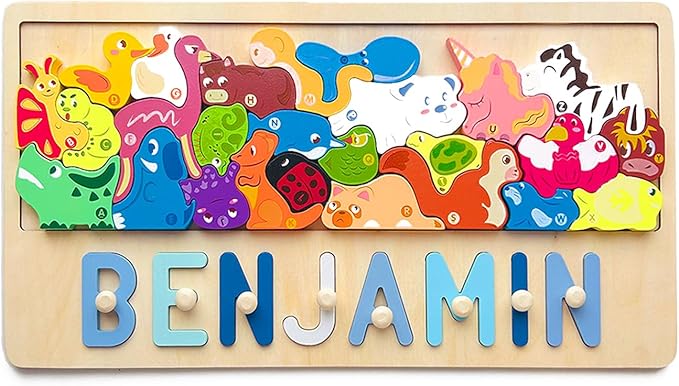 Name Puzzle for Kids Personalized, Custom Name Puzzle, Personalized Baby Birthday Gift,Name Puzzles for Toddlers 1-3 Montessori Toy for 1-3 (Jungle Animal)