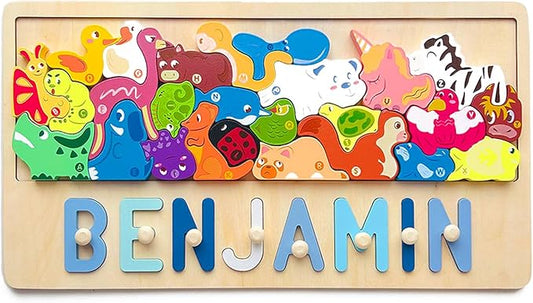 Name Puzzle for Kids Personalized, Custom Name Puzzle, Personalized Baby Birthday Gift,Name Puzzles for Toddlers 1-3 Montessori Toy for 1-3 (Jungle Animal)