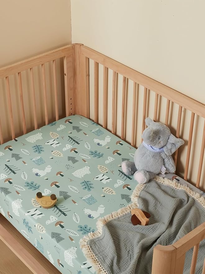 TILLYOU Baby Crib Sheets for Boys Girls, Super Soft Toddler Bed Sheets, 2 Pack Sheets for Standard Crib Mattress 28x52in, Jungle Walk and White Stripes