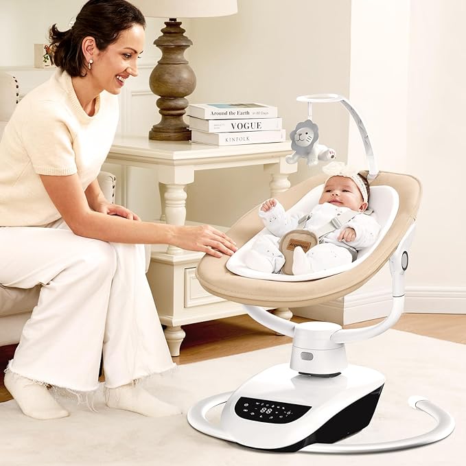 Angelbliss Baby Swing with Custom Motion, 3D-Motion Electric Swing with 6 Unique Motions & 4-Speeds, Bluetooth Enabled, 13 Preset Lullabies (Beige)