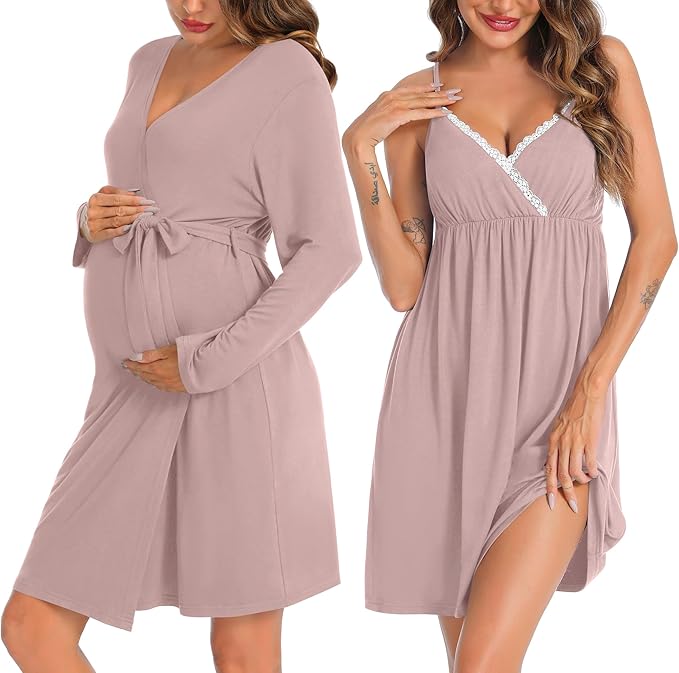 SWOMOG Womens Maternity Robe 2 Piece Nursing Nightgown for Breastfeeding 3 in 1 Labor Delivery Nursing Dress Lace Bathrobe