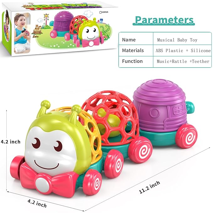 MOONTOY Caterpillar Car Toys for Babies 6-12 Months, Infant Musical Push & Go Crawling Toy for Toddler Sensory Soft Developmental Grasp Baby Toy Car for 7 8 9 10 11 18 Month 1 Year Old Boys Girls Gift