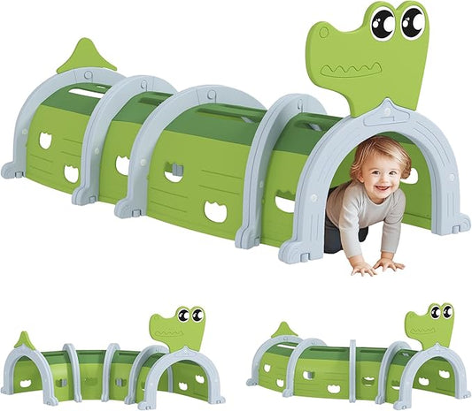 Qaba Crocodile Tunnel, Toddler Tunnel for Kids Crawl and Climb Through, Kids' Play Structure Indoor Outdoor, 4 Sections, Green