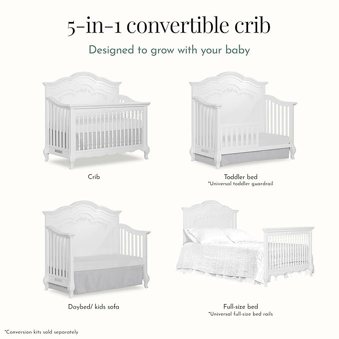 évolur Aurora 5-in-1 Convertible Full-Size Baby Crib in Frost White, GreenGuard Gold & JPMA, 3 Mattress Heights, Ribbon Bow Scrollwork & Queen Anne Feet, Converts to Toddler, Day & Full-Size Bed