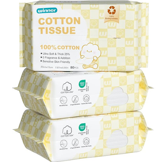Winner 100% Cotton Dry Wipes, USDA Certified Baby Wipes, 33% Thicker & Ultra Soft, Hypoallergenic & Unscented for Baby Sensitive Skin, Wet/Dry for Diaper Changes, Meals & Cleanup, 240ct, Pack of 3
