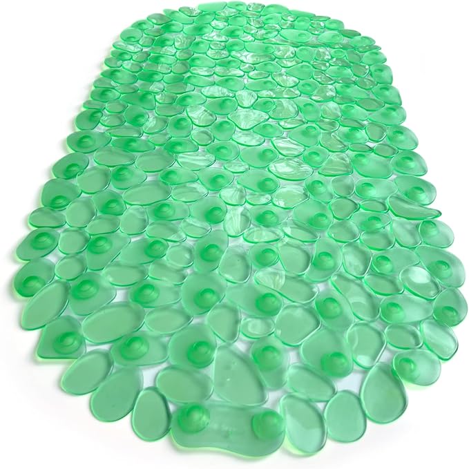 “Pebbles” Non-Slip Bathtub & Shower Mat 27”x14” Oval - Non-Toxic - Safe, Clean, Machine-Washable, Superior Grip & Drainage, Vinyl, for Smooth Floors ONLY, Transparent Light Green