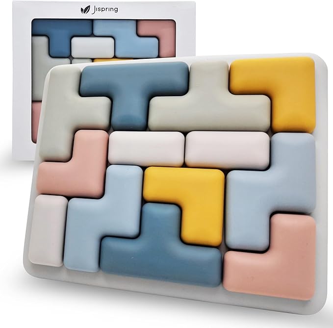 Jispring Silicone Tetris Puzzles with Templates, Montessori STEM Educational Sensory Toy for Kids, Intelligence Brain Teaser, Block Jigsaw Puzzle, 3D Russian Building Games