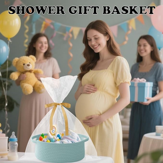 Gift Basket with Gift Bag and Ribbons,Small Rope Woven Shelf Storage,Baskets for Gifts Empty,Birthday,Shower,Decorative Organizer Box for Cat Dog Pet with Handles(Aqua)