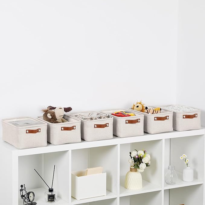 HNZIGE Fabric Storage Baskets for Organizing Small Storage Baskets for Shelf,6 Pack Shelf Baskets for Storage with Leather Handles, Foldable Baskets for Organizing Clothes(Cream 11.8" x 7.8" x 5.1")