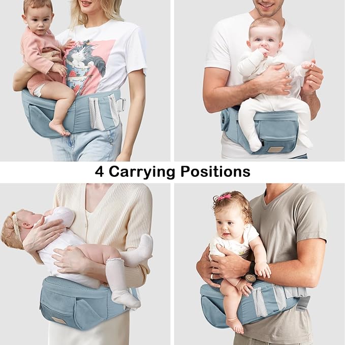 Baby Hip Seat Carrier, Adjustable Waistband with 3D Abdominal Support & Various Pockets Ergonomic Carrier for Newborns to Toddlers up to 33 lbs Medium Blue
