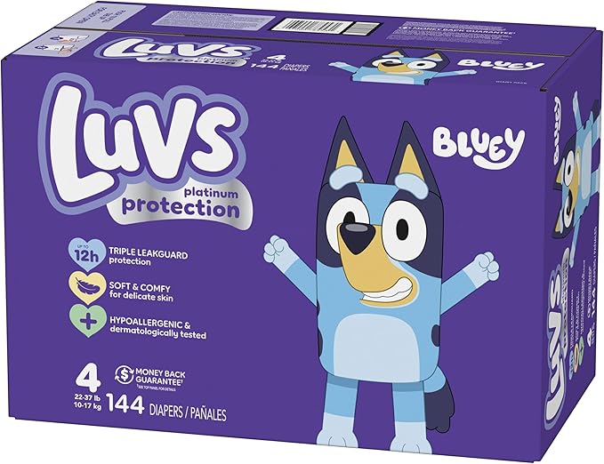 Luvs Size 4 Baby Diapers, Platinum Protection Bluey Diapers for Day & Night, Size 4, 144 Count (Packaging May Vary)